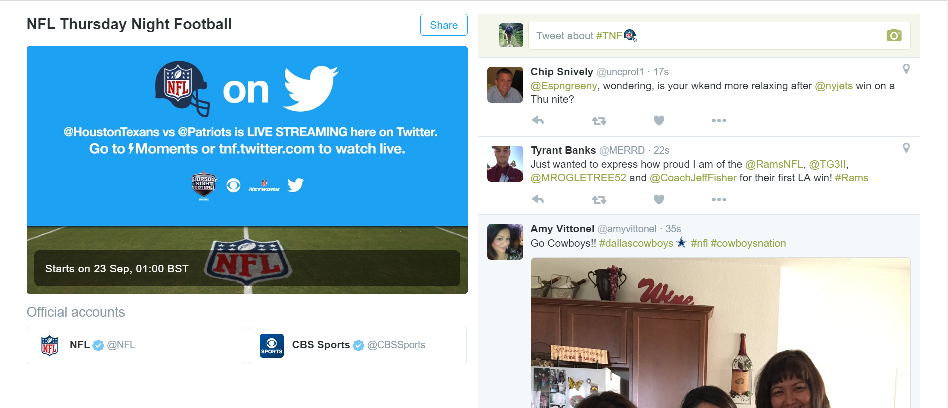 Twitters live streaming of the NFL was perfect